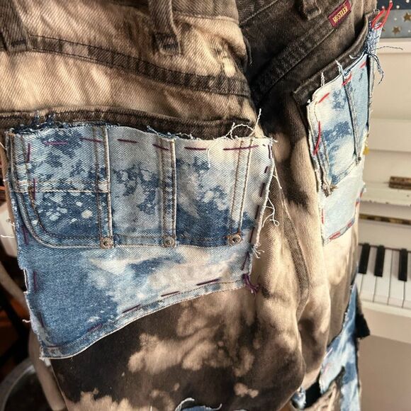 Upcycled Frayed Patchwork Jeans – 34" Waist Handmade Streetwear Pants Wide Leg - Picture 14 of 16